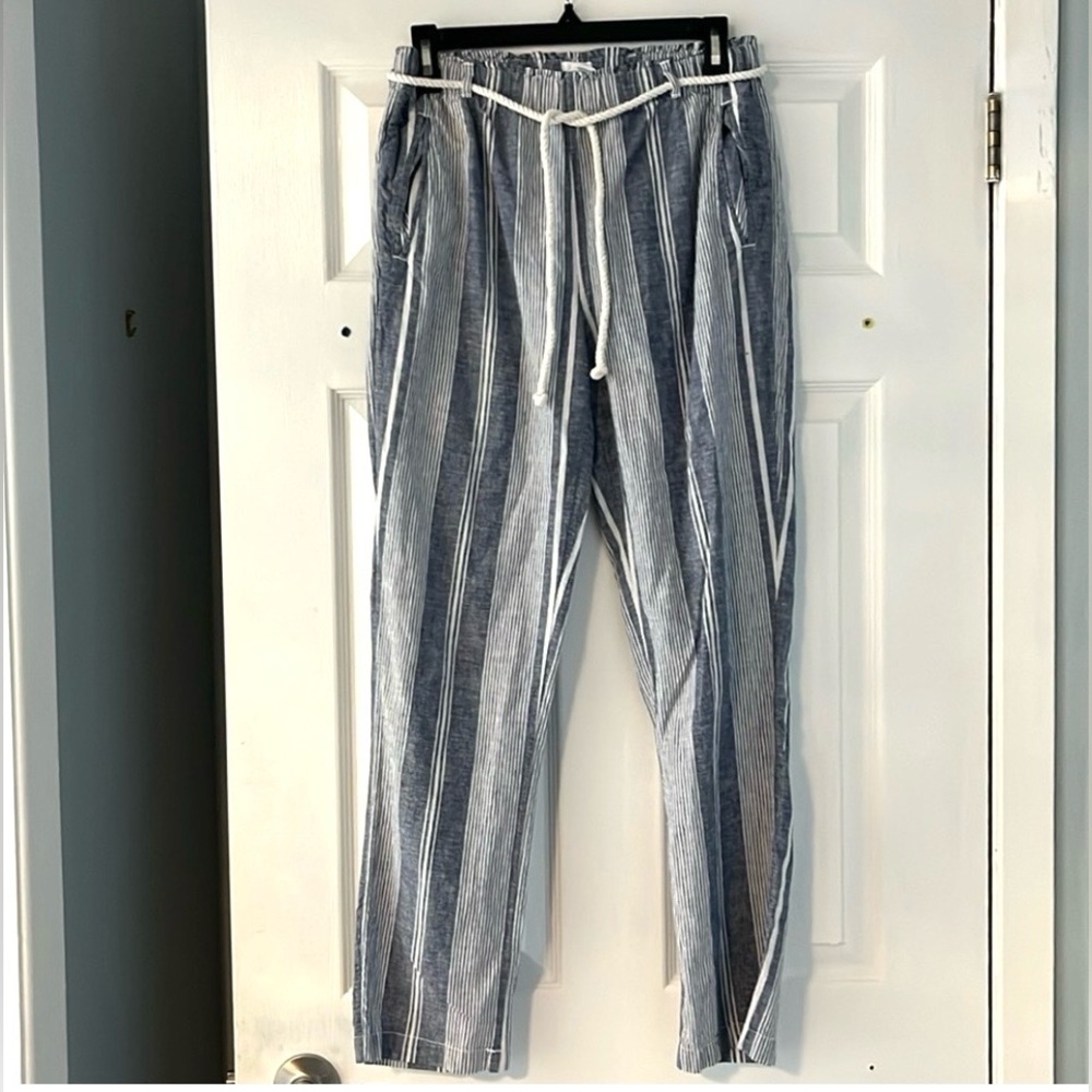 SIGRID OLSEN Blue White Striped Linen Cotton Pants Rope Belt Small